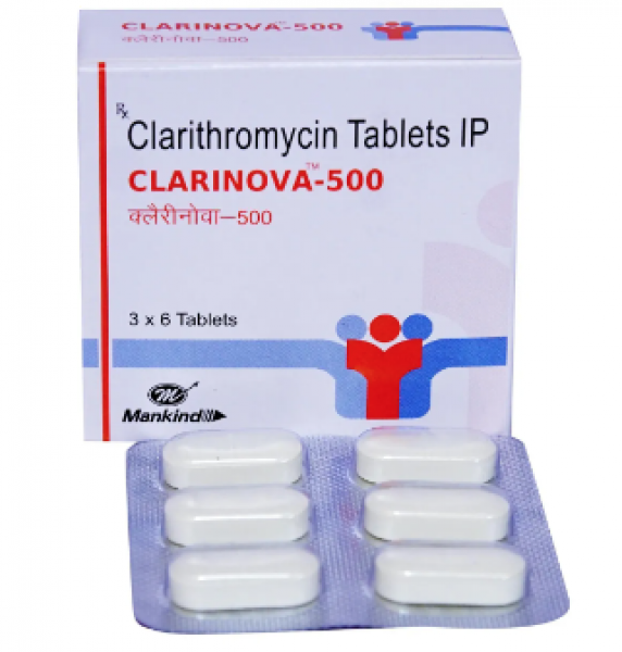 A box and a strip pack of Clarithromycin 500mg Tablet