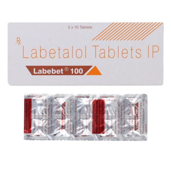 A box and blister strip of  Labetalol 100mg Tablets