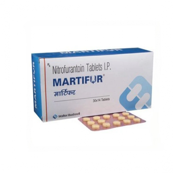 A box and a blister pack of generic Nitrofurantoin 100 mg Tablet