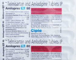 Strip of Telmisartan 80mg + Amlodipine 5mg tablets. 