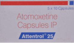 A box of Generic Atomoxetine 25mg Tablets