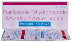 A box and strip of Generic Pramipexole ER (0.375 mg) Tablets