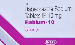 Box of generic Rabeprazole Sodium 10mg tablets