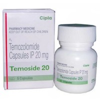 A box and bottle of generic Temozolomide 20mg Capsules