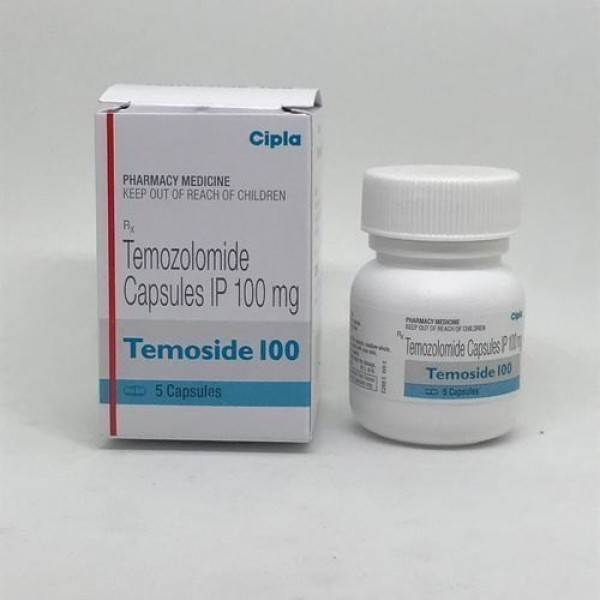 A box and a bottle of generic Temozolomide 100mg Capsules