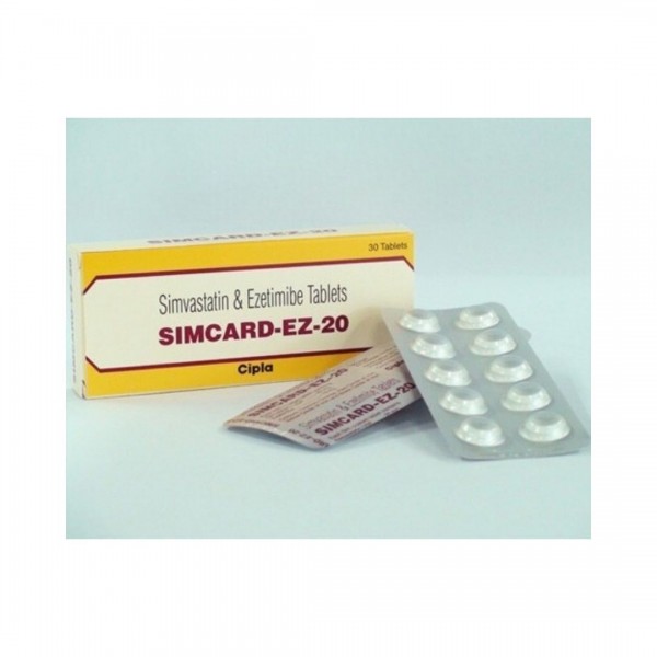 A blister and a box of generic Ezetimibe and Simvastatin 10mg/20mg tablets